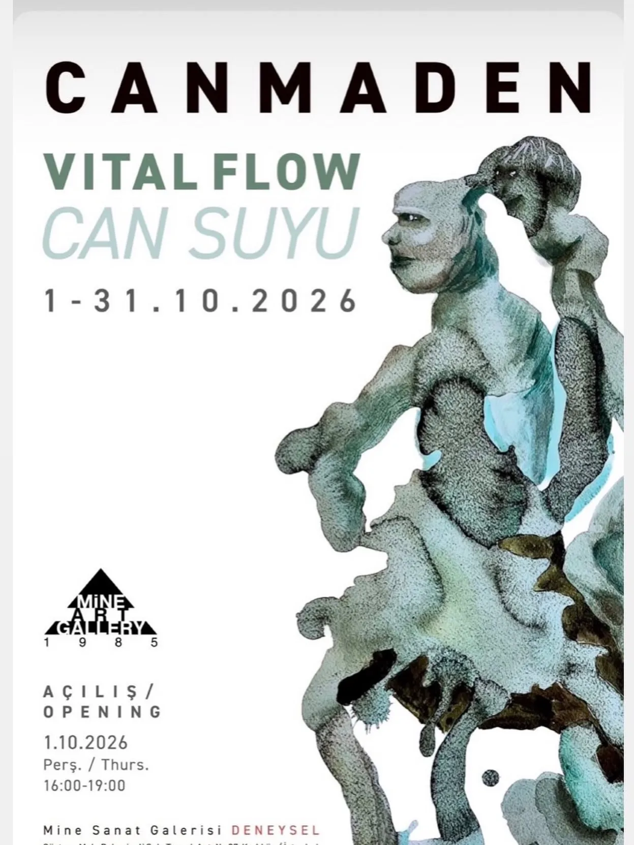 Can Maden — Vital Flow / Can Suyu exhibition poster, 1–31 October 2026, Mine Sanat Galerisi Deneysel. Opening 1 October, 16:00–19:00.